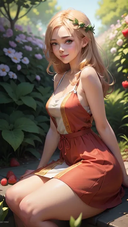 (Strawberry blonde beautiful woman in garden colorful spring dress gentle smile trending fashion 2025), art by atey ghailan, painterly anime style at pixiv, art by kantoku, in art style of redjuice/necömi/rella/tiv pixiv collab, your name anime art style, ...