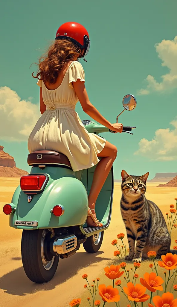 Arabian woman in dress and helmet riding a scooter,  pin-up  art,  pin-up  poster girl,  inspired by Vincent Lefebvre,  Guweiz Style Work ,  Photo of two cats sitting in a flower field by John La Gatta , Adi Granoff , Beautiful retro art,  then Martin , gi...