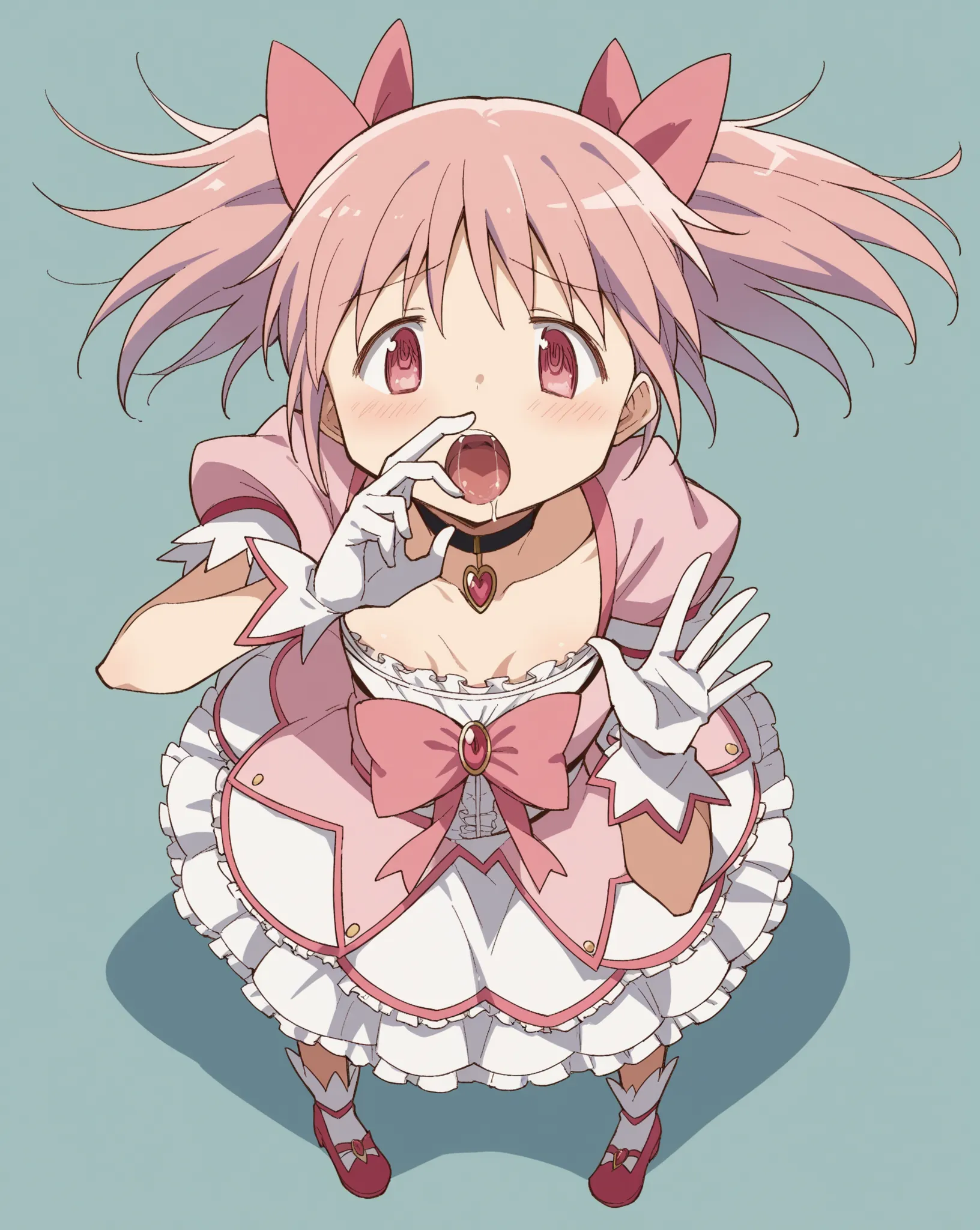 score_9, score_8_up, score_7_up,  source_anime, Kaname Madoka, short hair, ribbons, twin tails, hair ribbons, pink hair near MM, pink eyes, short twin tails,, skirt,  gloves,  dress, bow, choker, puffy sleeve, white  gloves, Magical Girl, bubble skirt,, vi...