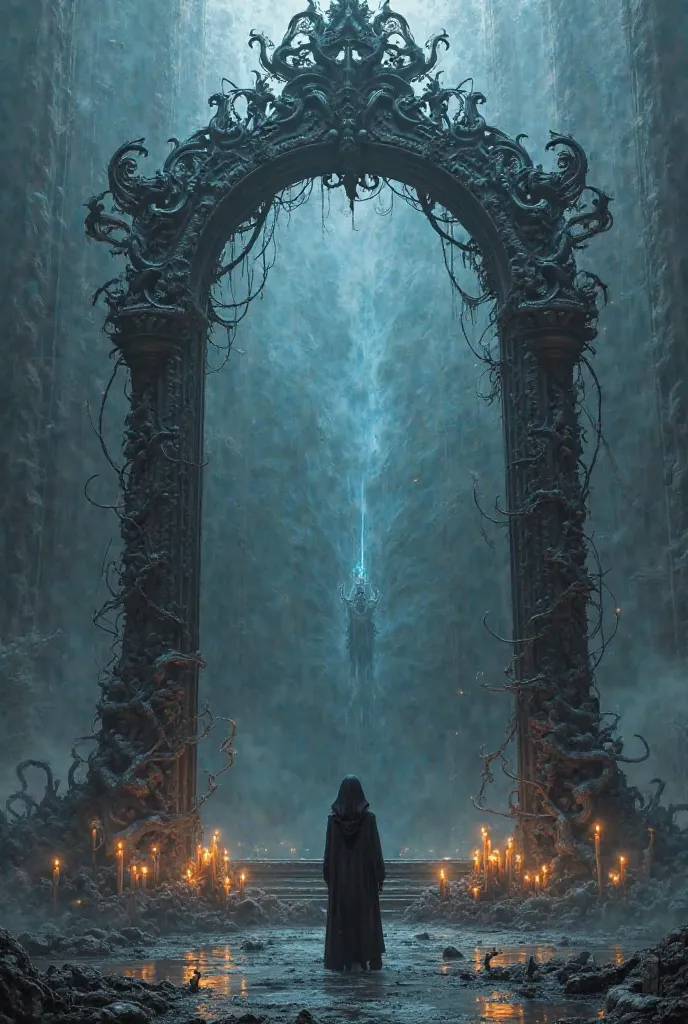 "A monumental mirror, isolated in an infinite and silent vacuum, its Gothic frame made of twisted iron and fossilized bones, intertwined like a web of torment. The mirror surface is smooth, opaque and non-reflective, similar to a polished ebony blade, abso...