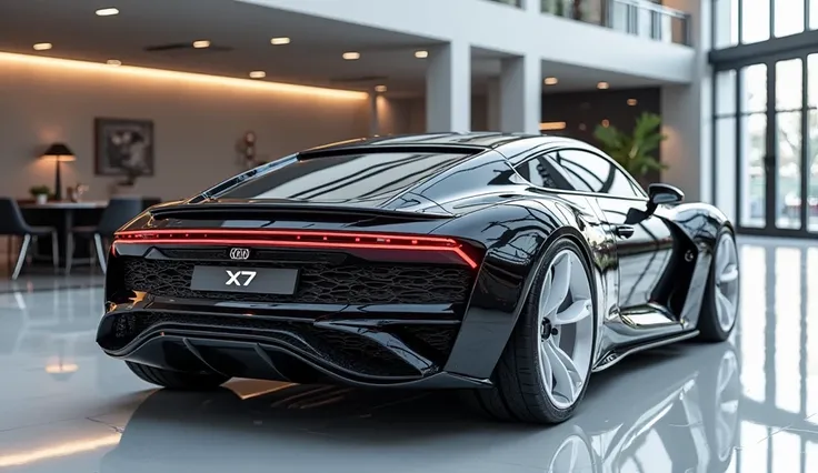 An ultra-realistic image of the Aggressive back  view end of a futuristic 2025 AUDI RX7 The car features a large, imposing, kand aerodynamic design with a GARY and shiny exterior. Aggressive back view end has a wide, aggressive  with intricate  accents and...