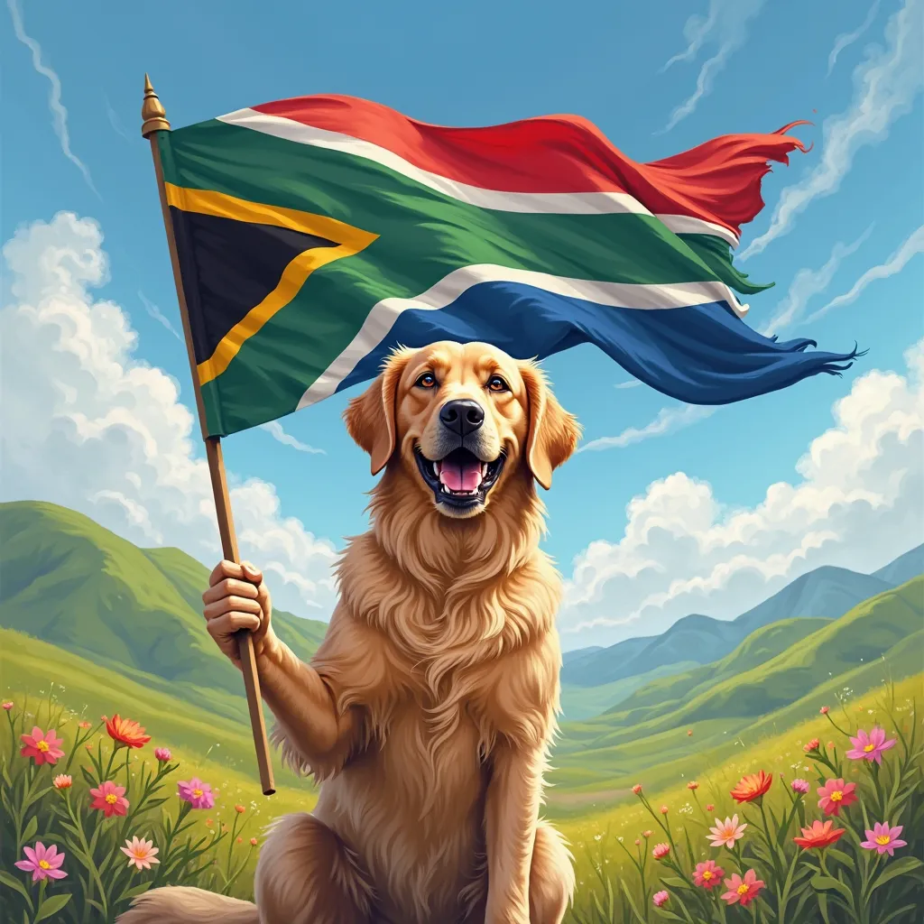 Dog waving a south african flag. 