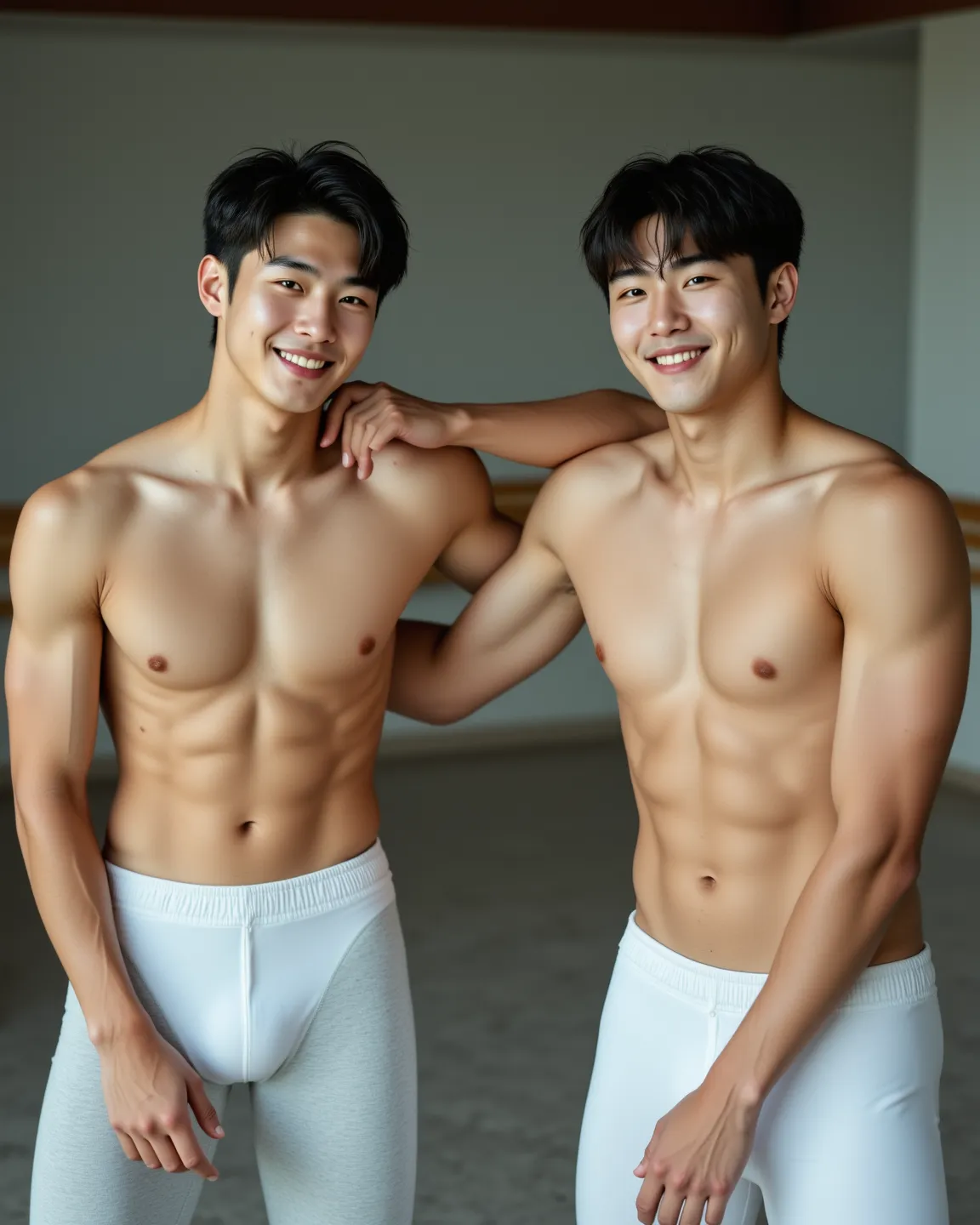 2 handsome Korean male college students playing wrestling，8 abdominal muscles，Chest muscles，Emotions of happiness，（baby face），Wide Viewing Angle，Correct human body structure，White Gray Tights，white socks，dance studio