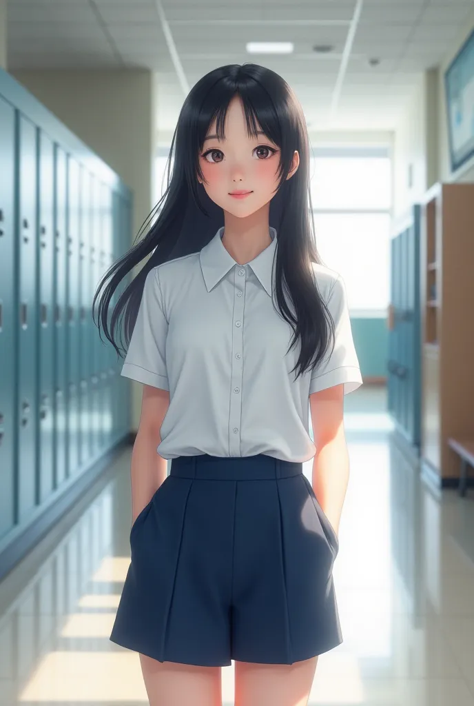 Generate a koren girl wearing shorts in school 