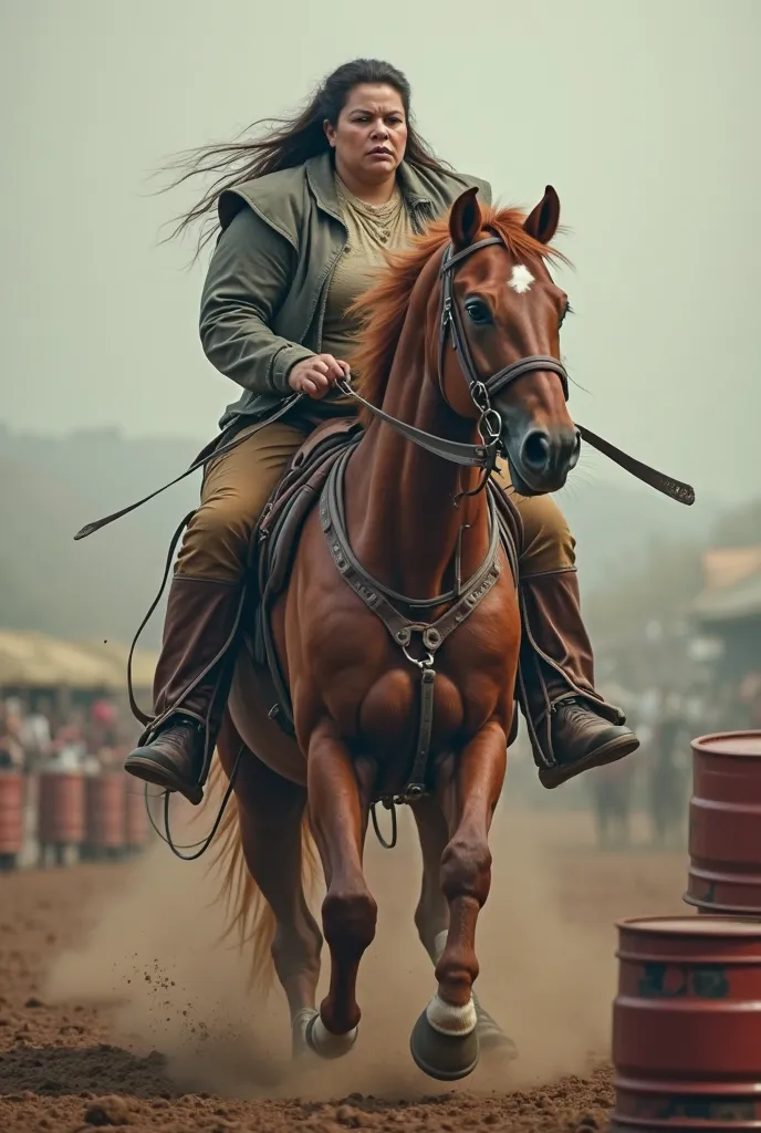 90-kilo woman without muscle on top of the horse in the three-drum test 