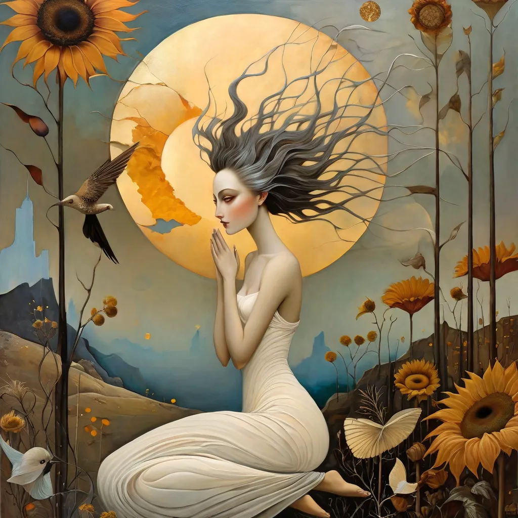 oil painting, in the style of Leonora Carrington, Michael Parkes, esao andrews, and Dave McKean, Full figure. dreamscape. Valley with dried wildflowers.Woman, long gray hair, sweet brown eyes. Sunflowers, yoga pose. Fusion woman and nature. Sky and stars m...