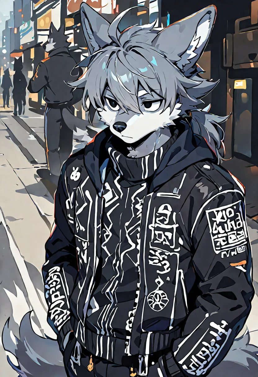 Wolf，（black eyes）（skin：1.3）（Deep-haired：1.2），furry，Dull，fashion,Waiting alone on the street， clear and clean background ，Cyber City