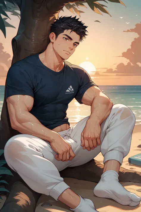 a handsome man,Black Hair,Abdominal muscles,brown eyes,wet white short sleeve,Sweatpants,seaside,Sunset,Sitting under a tree, There is a light yellow stain on the bottom of the white socks ,(( only one person)),Clear
