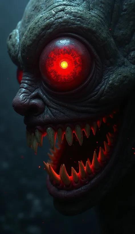 "A close-up of a monstrous red eye, glowing in the pitch-black darkness. A sinister smile forms beneath it, stretching unnaturally wide, revealing rows of jagged teeth."