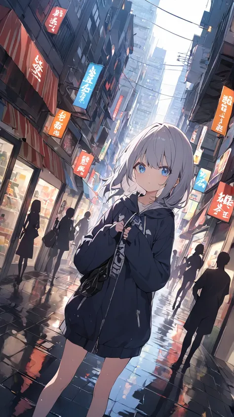 1 girl, A dim urban shopping street、Tall buildings、heavy rain、summer、blue eyes, Grey Hair、dutch angle, wide angle、Wide angle、silhouette、