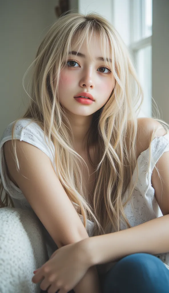 8K, masterpiece, highest quality, Korea’s beautiful women, close-up, high-angle.
Pale skin, Long blonde straight hair,hair over one eye, large eyes, small nose, full lips.
DIESEL, Relaxed, seated.
Blurred hallway, light walls.