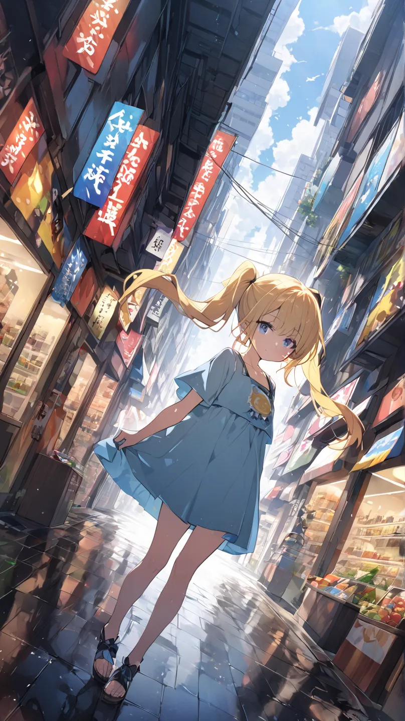 1 girl, A dim urban shopping street、Tall buildings、heavy rain、summer、blue eyes, yellow hair、Twin Ponytail、dutch angle, wide angle、Wide angle、silhouette、