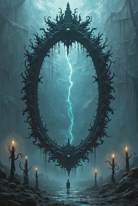 "A monumental mirror, isolated in an infinite and silent vacuum, its Gothic frame made of twisted iron and fossilized bones, intertwined like a web of torment. The mirror surface is smooth, opaque and non-reflective, similar to a polished ebony blade, abso...