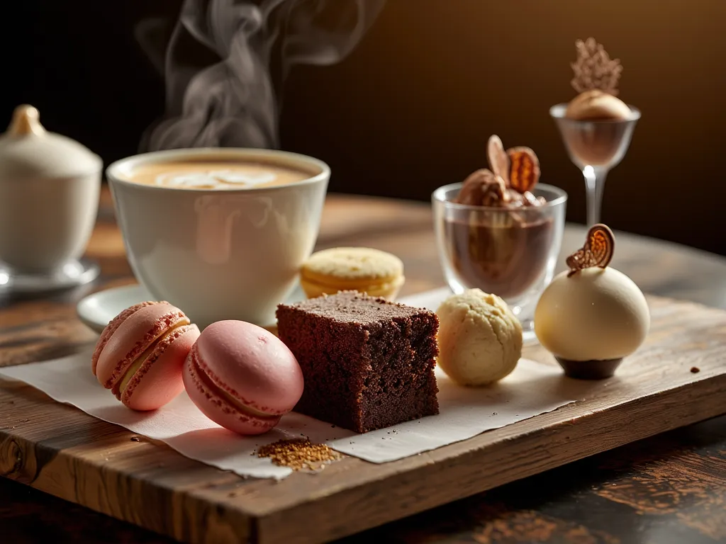 (best quality, 128k,highres,masterpiece:1.2),ultra-detailed,(realistic,photorealistic,photo-realistic:1.37), ((masterpiece)) ((photography)) ((Highest quality)) A high-quality food photography of a beautifully arranged café gourmand set on a rustic wooden ...