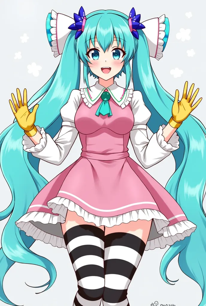 phosphophyllite (houseki no kuni), happy face, magical girl, madoka magica, turquoise hair, lazurite decorations on head, blue decorations, pink lush lolita dress, black and white striped stockings, golden gloves