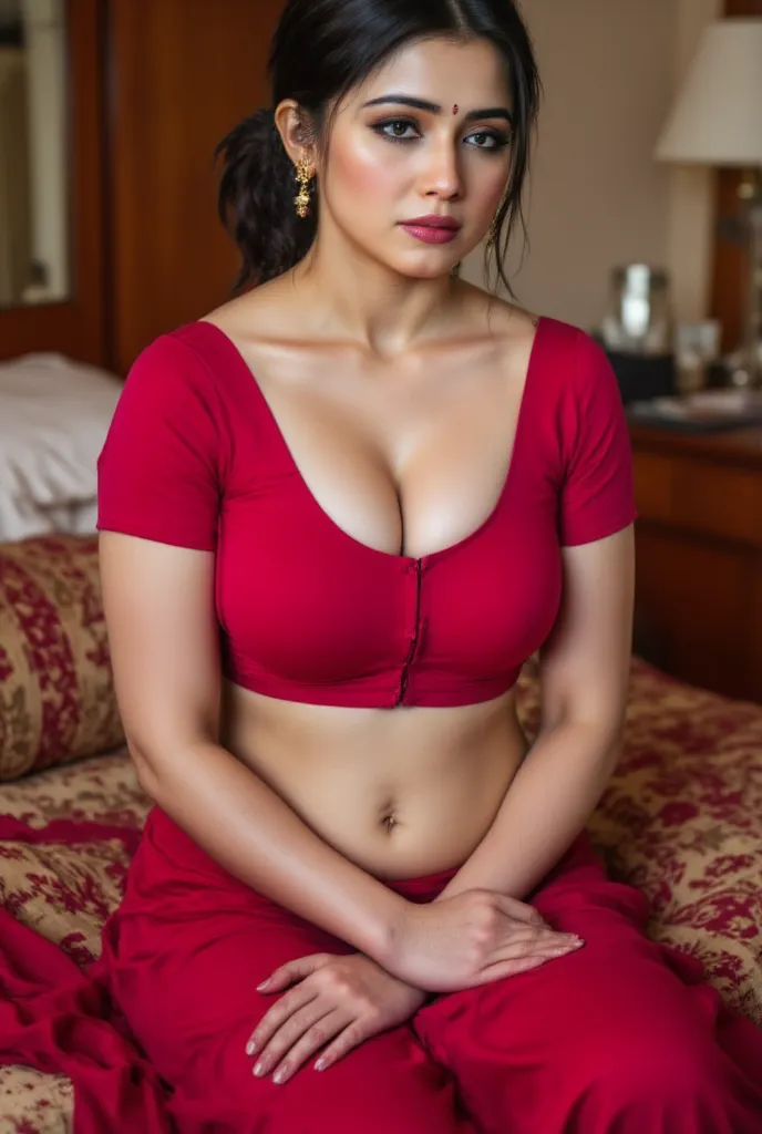 The image depicts a beautiful fair woman with bridal makeup sitting on a hotel room on decorated bed in slightly slouched position, crossed hands, wearing only red blouse and petticoat her midriff is exposed her red saree is on the floor in a heap. She is ...