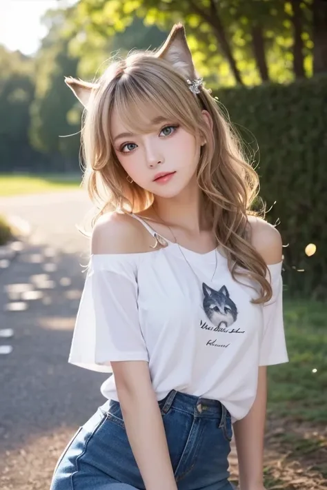 Masterpiece,  top quality,  wolf girl ,  elegant ,  One Girl , Wolf ears,  wolf tail ,  cute, Blushed,  Watch Viewers , the above,  blonde wavy hair,  miniskirt,  white and black striped t-shirt ,  blue eyes,  beautiful eyes,  beautiful background, Particl...