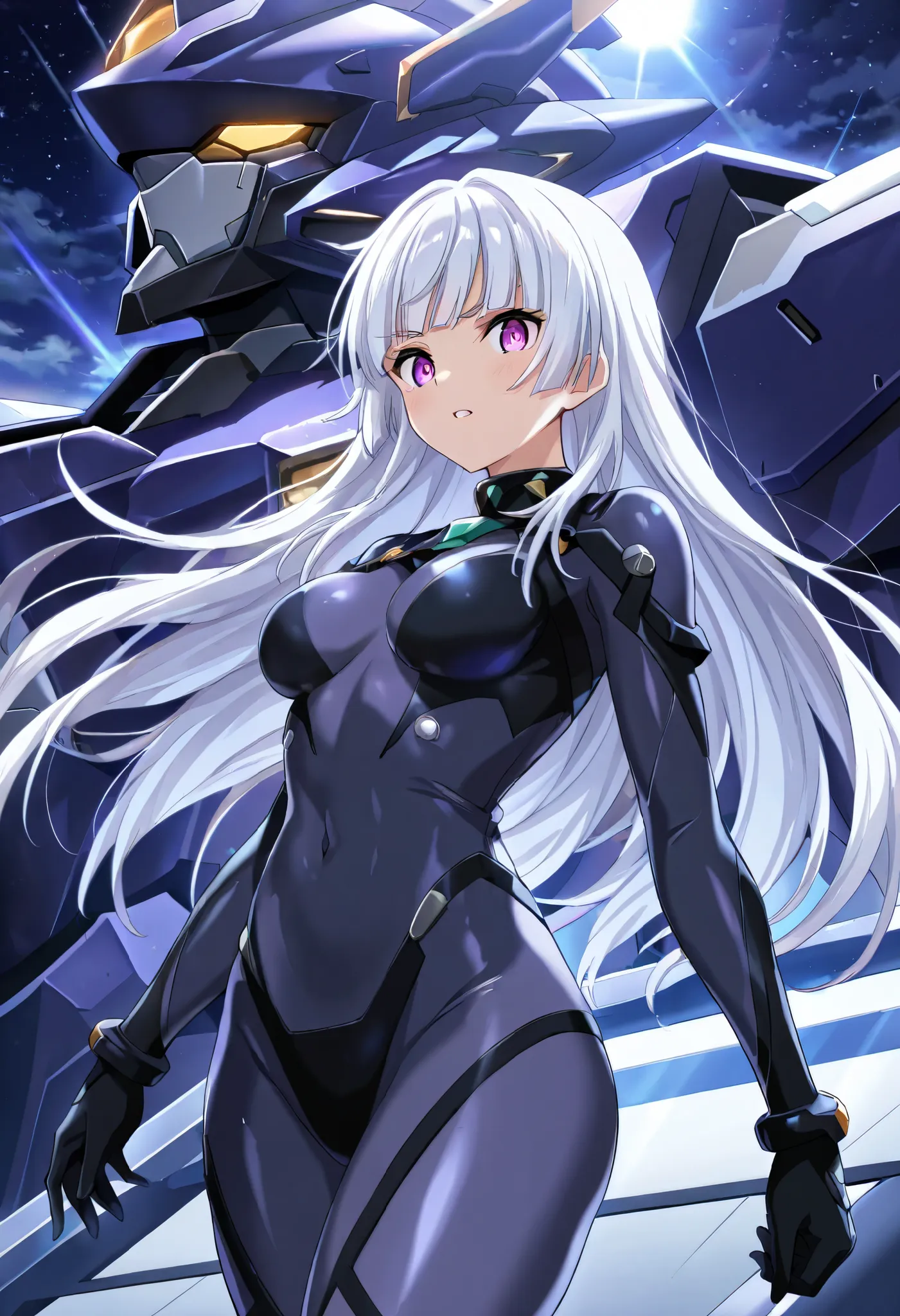 best_quality, detailed_background, 1girl, medium breasts, long hair, straight bangs, white hair, purple eyes, game character, mecha suit