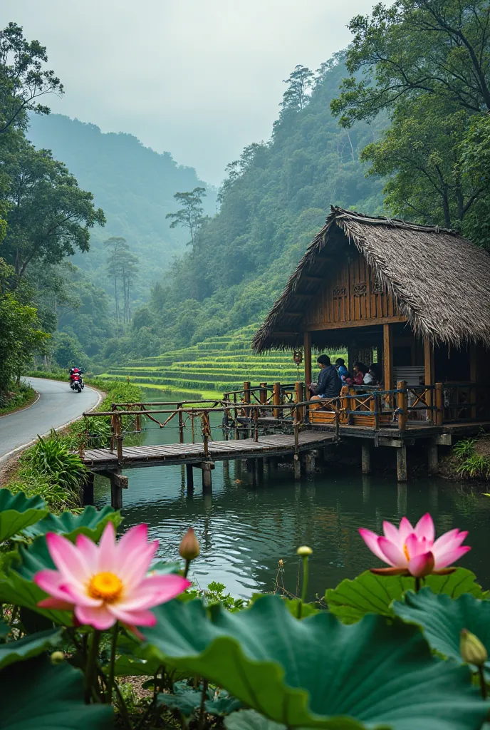 a beautiful landscape of a rural area with a thatched roof hut on the right side of the image. The hut is located on a wooden bridge over a body of water, which is surrounded by lush greenery and trees. On the left side, there is a winding road with a red ...