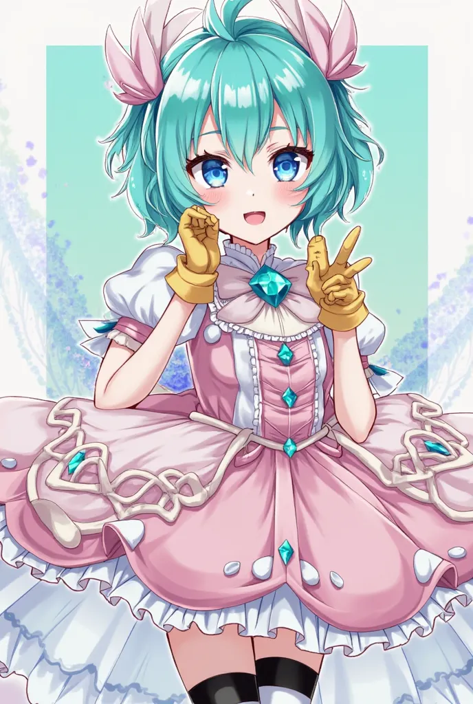 phosphophyllite (from houseki no kuni), gems, happy face, magical girl, madoka magica, short shiny turquoise hair, lazurite decorations on head, blue decorations, pink lush lolita dress, black and white striped stockings, golden gloves