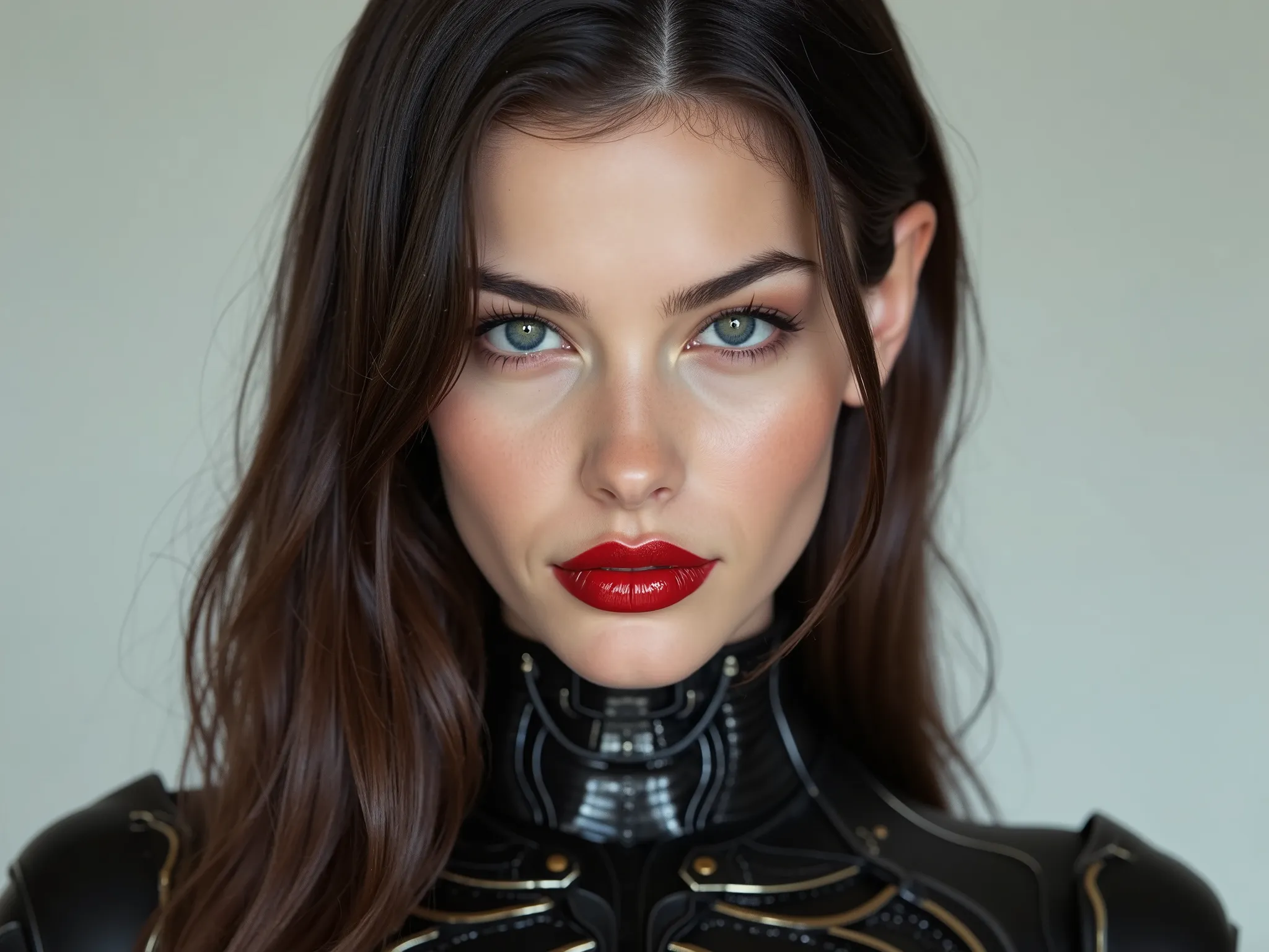 extremely glossy red lips, latex designer intricately designed and detailed elf warrior outfit, latex rubber neck-entry bodysuit, portrait of face and chest, shoulder-length hair, brown hair, elf 