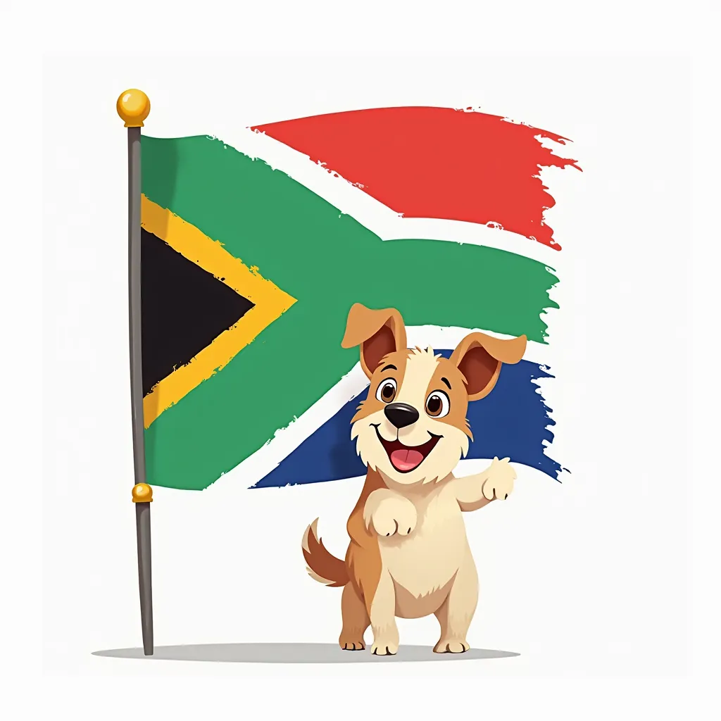 cartoon dog next to a south african flag. white backround. hi-res image