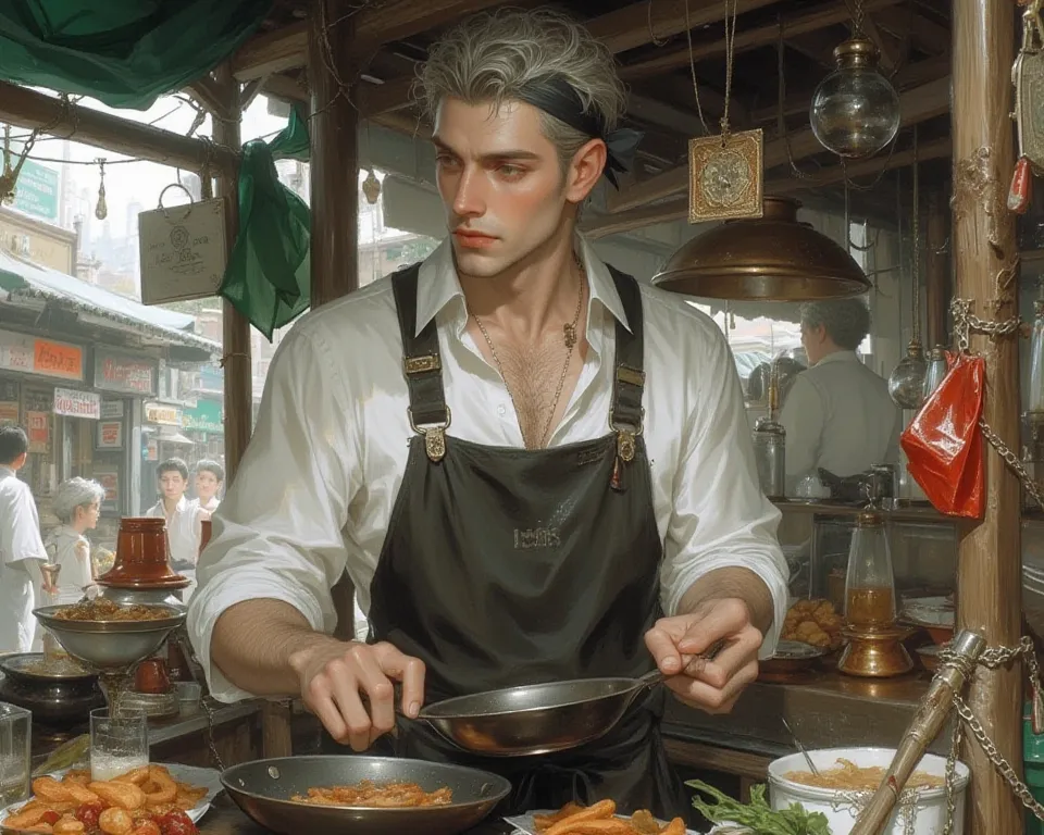 A man is a bespoke food salesman, solo, Look at the Spectator, , holding a frying pan and a trinket. The background is a Thailand made-to-order food cart, brown eyes, wearing a high-definition apron.,  short hair , Gray hair,  face, stone, bitter eyebrows ...