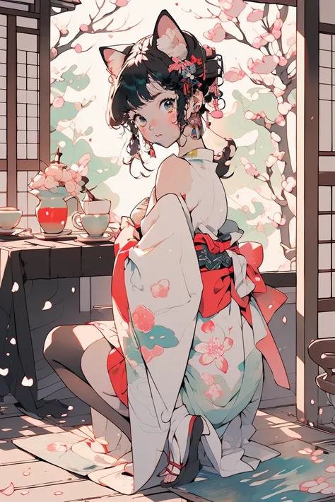 ((masterpiece:1.2)), ((top quality:1.2)),  1girl , ((Cat ears:1.2), hakama short skirt, Kosode , (sleeveless), Japanese house's engawa, (( yokozuwari :1.2)), drinking latte, camellia patterned kimono, thighhighs, head tilt, (chocolate chip cookie), peach c...