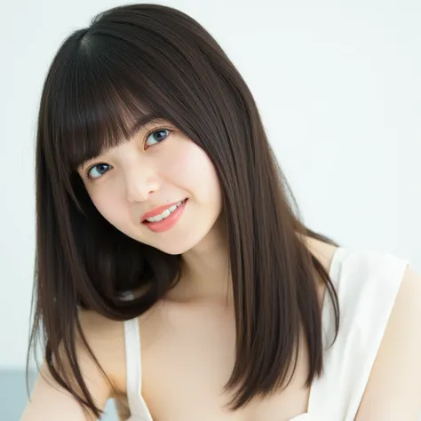 Asuka, The image depicts a young woman with long, straight, dark hair and bangs. She is wearing a white garment, which gives a clean and simple appearance. Her posture is upright and relaxed, with her head slightly tilted to the side, suggesting a calm and...