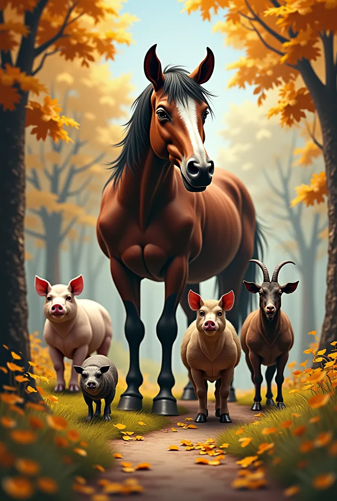 daddy horse , Mother Goat Accompanying Two Pigs and Snakes on a Path with Yellow Autumn Leaves