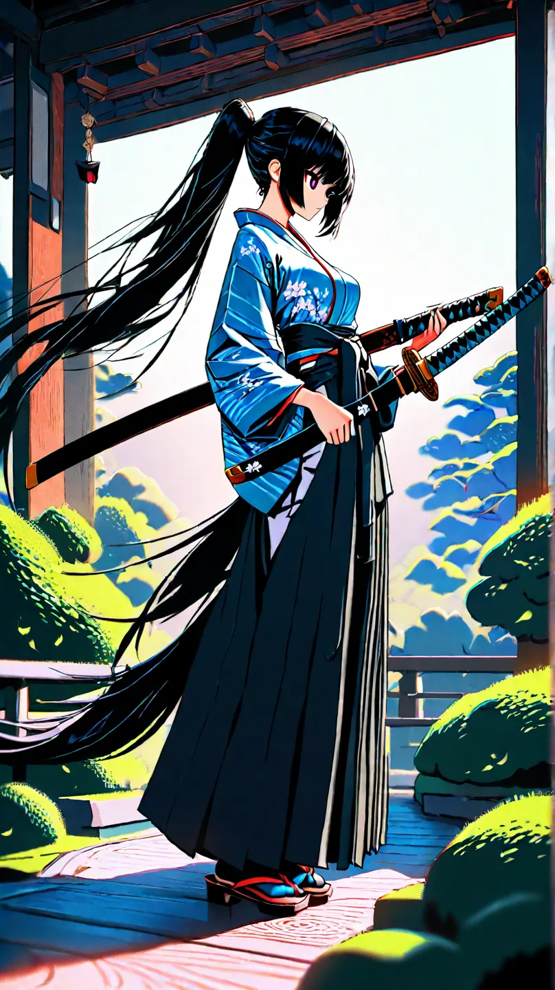 1 cool girl,long pony tail hair,black hair,violrt eyes,,medium breasts,

 at afternoon,in japanese garden,




,full body, 

,standing,having a japanese sword,wearing kimono and hakama,


best quality, best quality,ultra detailed,high resolution,super deta...