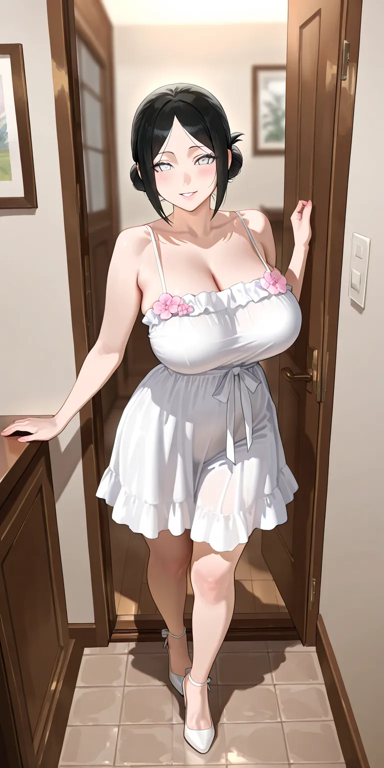 Masterpiece, newest, vibrant, very aesthetic, high contrast, mature woman, white eyes, black hair, hinata\(boruto\), side brided bun hair, white mini spaghetti strap housedress (pink floral motif), white strappy high heels, perfect 
big breast, full body, ...