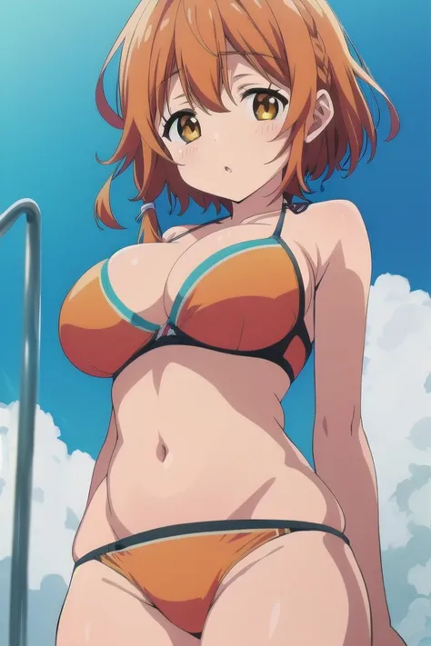 Koiwai Yoshino ,(masterpiece, best quality:1.2),2D, anime,  Anime art,  line art  , watercolor,loli, 1 girl , (orange hair), (mega breasts:1.6),(short hair),Alone,(swim suit),(Bikini),(cowboy shot)