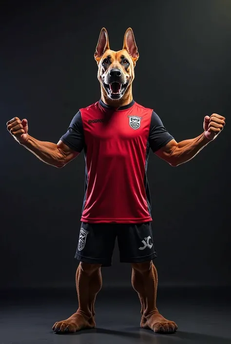 A fierce Doberman as the mascot of an e-sports team, standing with arms wide open in a powerful pose. The Doberman has an intense and aggressive expression, exuding dominance and confidence. He is wearing the 2020 red and black uniform of Clube Athletico P...