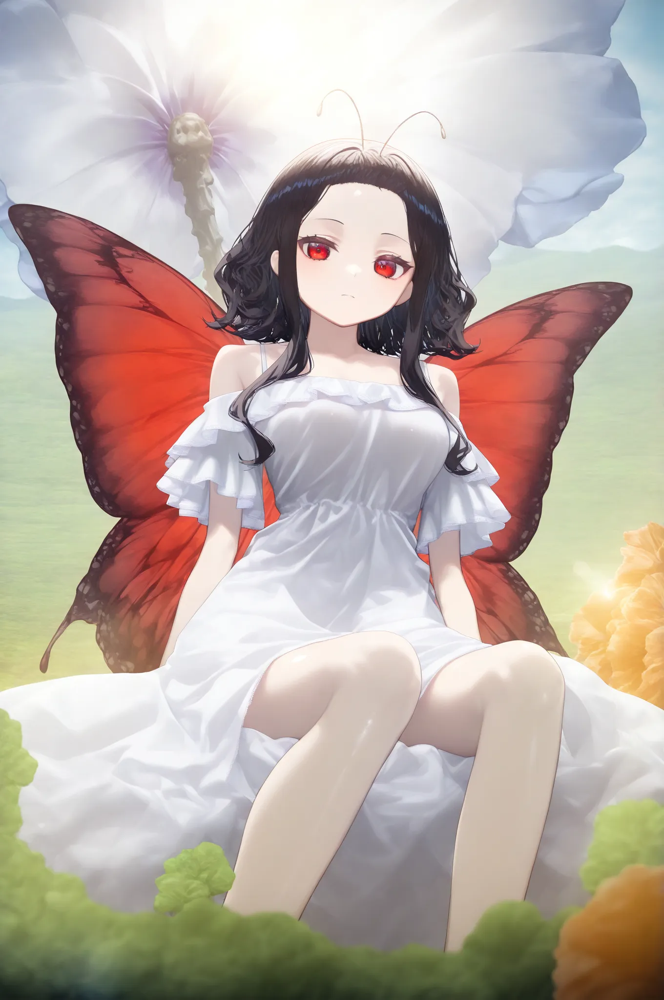 ningen mame, torino aqua, by xiujia yihuizi, by yoon cook, high up, dynamic angle, ((from below)), 1girl, butterfly girl, butterfly antenna, red wings, Kuroki Monika, red eyes, forehead, asymmetrical hairline, very long sidelocks, black hair, medium hair, ...