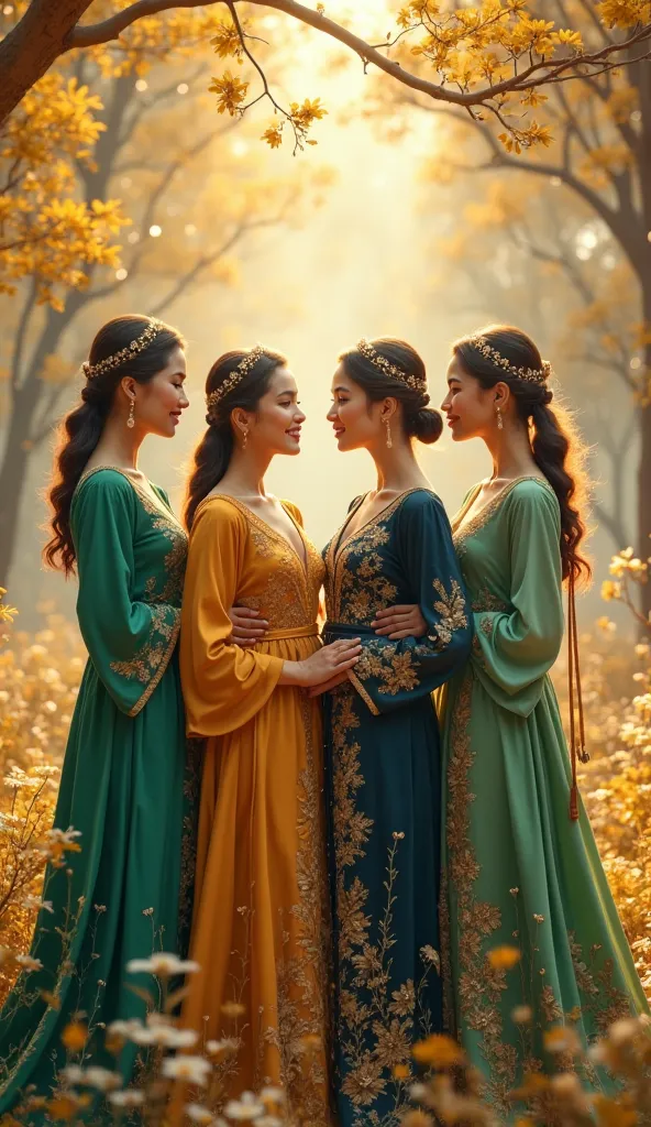 A breathtaking vertical scene of paradise featuring four of the most beautiful and modest women standing close together, near the camera, in a heavenly garden. They wear luxurious, eye-catching silk gowns in vibrant shades of green, gold, and deep blue, ad...