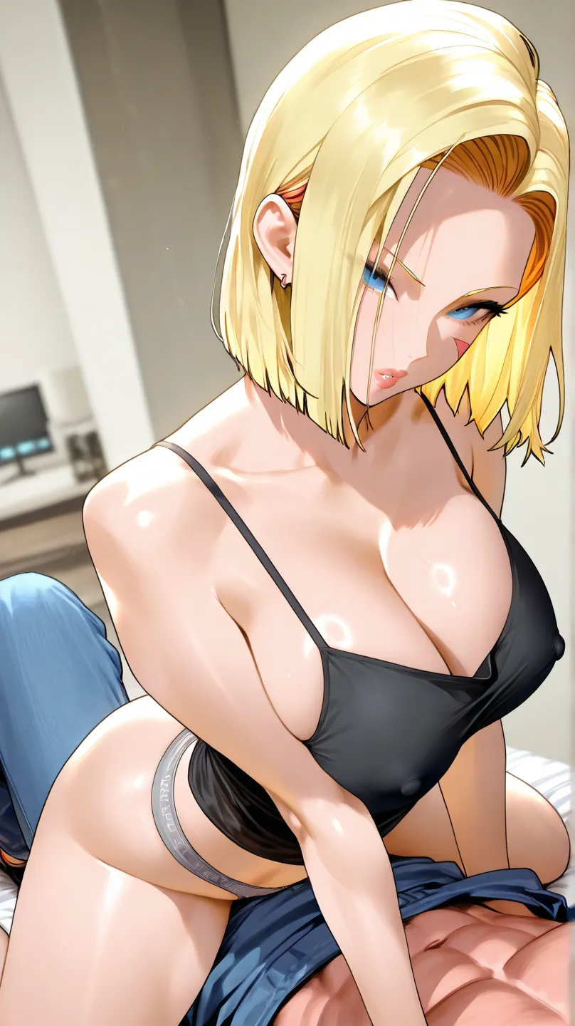 We ,32K、 Limited edition 、 TOP QUALITY、Original Works、Detailed View、 detailed eyes 、detailed face、 detailed lips on the butt 、 alone、beauty、Big Breasts、Dragon Ball characters、 Android 18、 in underwear、Black、Stunning Hair   、active、big areolas、stand up、Don&...