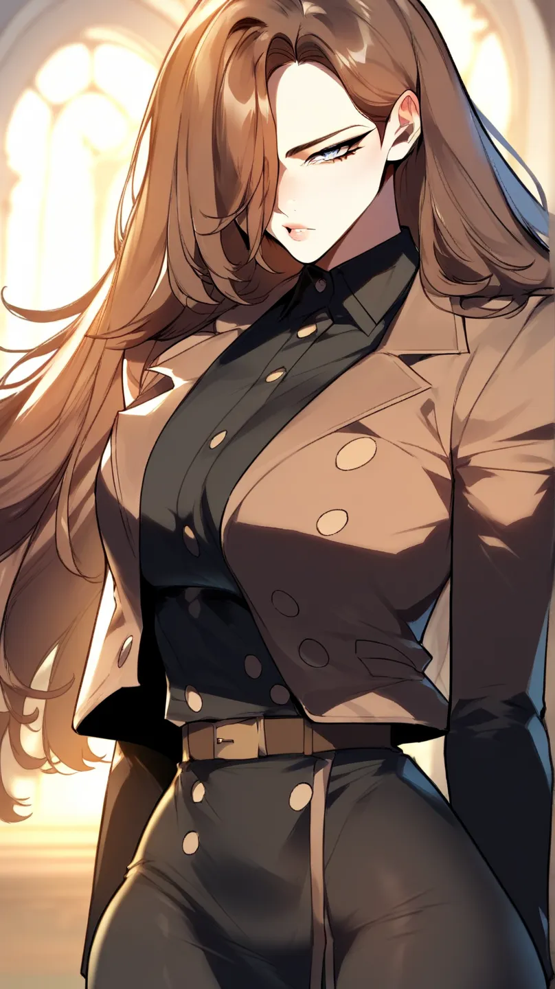 long hair, brown hair, blue eyes, grey eyes, hair over one eye, hair behind ear,  white double breasted jacket, (buttons:0.7), blackshirt, collared shirt, brown belt, black skirt, black pantyhose