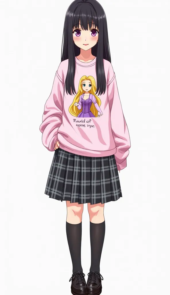 Japanese anime adolescent woman with long straight black hair and intense magenta eyes and wears a long sleeve light pink t-shirt, with a Disney princess Rapunzel design. Rapunzel appears with her characteristic long and golden hair, dressed in a lilac and...