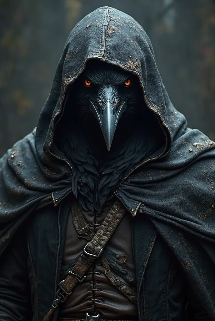 Male raven, hooded, witcher style clothing, gazing towards viewer, black feather, dark beak, neutral expression, Masterpiece, Anatomically Correct, High Details, 