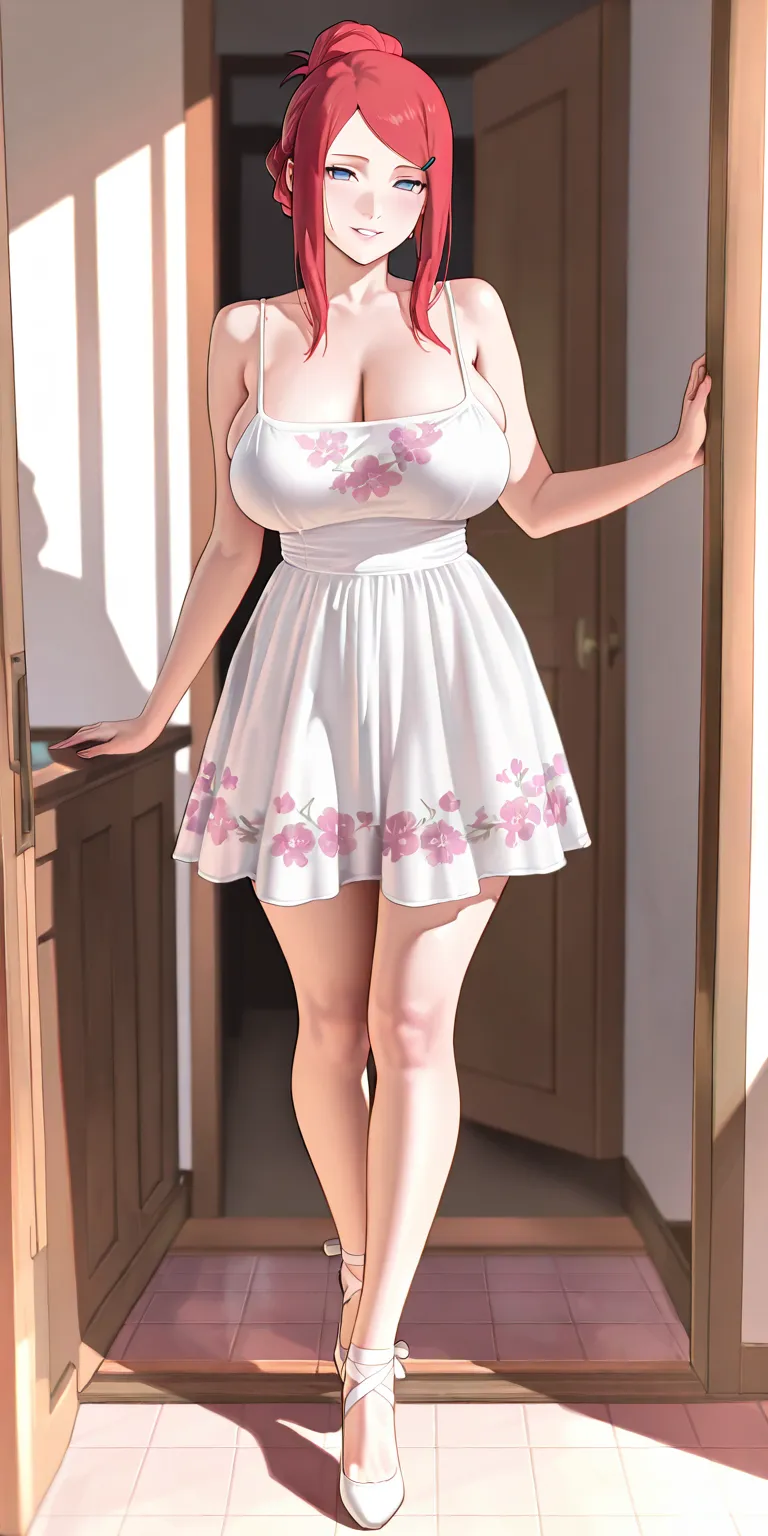 Masterpiece, newest, vibrant, very aesthetic, high contrast, mature woman, kushina\(naruto\), ballerina bun hair, white mini spaghetti strap housedress (pink floral motif), white strappy high heels, perfect 
big breast, full body, parted lips, smile, front...