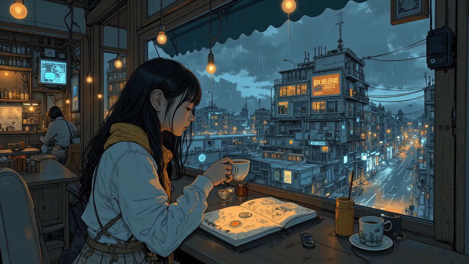 A young cozy artist girl sitting inside a small café on a rainy evening, holding a warm cup of coffee while gazing at the raindrops on the window. Her sketchbook is open, filled with dreamy, surreal drawings that seem to glow softly. Outside the window, a ...