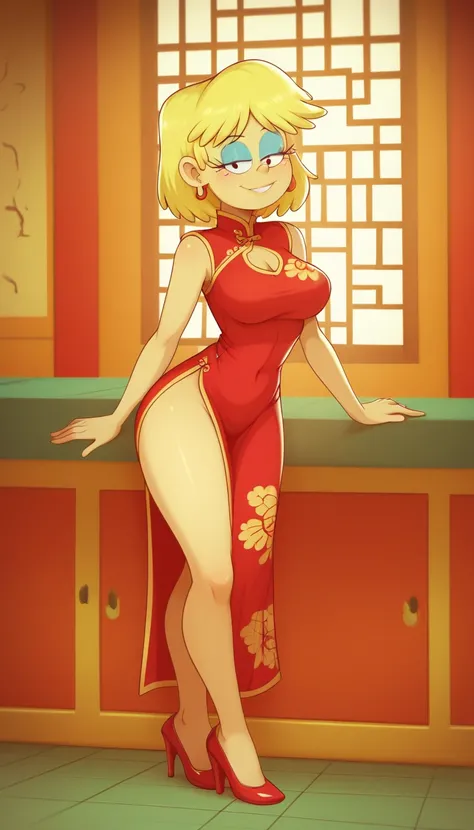 safe_pos, score_9, score_8_up, score_7_up BREAK blonde hair, medium hair, earrings, blue eyeshadow, lori loud, the loud house, BREAK large breasts, BREAK looking at you, red cheongsam, inside of a chinese temple, full body view, smile, sexy pose, half clos...