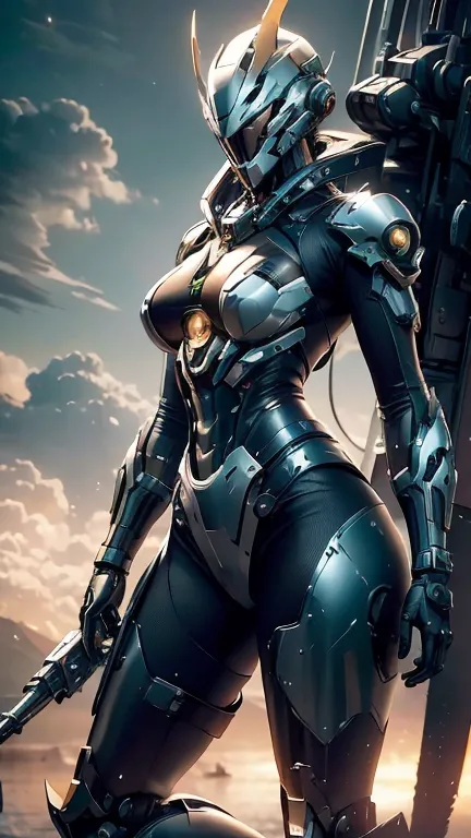 ((top quality)), ((masterpiece)), Maritime Space, Hammer 40,000, A world at war, Beautiful Woman Big Chest and Tail (Fascinating Full Thighs) and、Highly Detailed Master Chef Mecha Cyberpunk with Halo Armor, Mecha Warframe, bright colors, Black, white, gree...