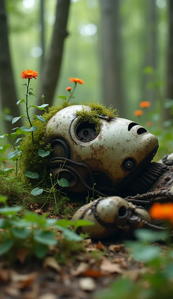 a dead old and rusty body of a robot lying in the forrest, plants and flowers grow out of the body of robot, depth of field, bokeh effect, ultra realistic, cinematography, hyper detailed, absolute realism
