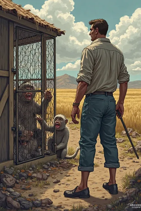 # **Scene 6: The Monkeys Trapped**
**Prompt:**  
"The farmer closes the cage door, trapping the monkeys inside. The monkeys look shocked and scared, realizing they’ve been caught. The farmer stands tall, holding a stick, and looks at the monkeys with a mix...