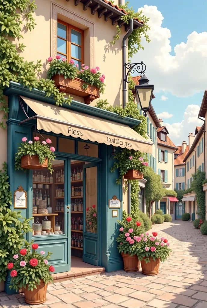 French small shop front view illustration romantic tree-lined avenue