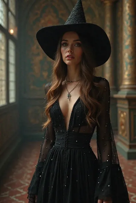 uma bruxa linda com long hair, usando um pointy hat em um cenário místico e sofisticado, vestindo um longo vestido preto sensual com  glitter particles ,  black shoesuma bruxa linda, long hair, pointy hat, sophisticated mystical setting, sexy black long dr...