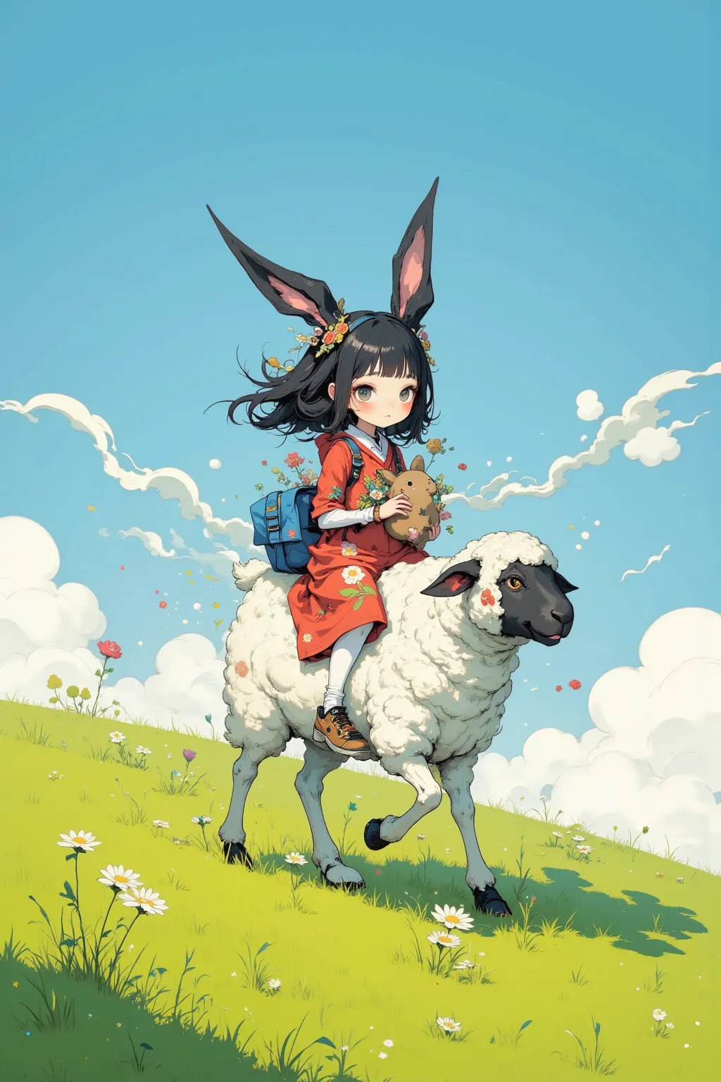 Girl with black rabbit ears riding on the back of a sheep running briskly through a vast grassland,The girl is holding a small brown hamster,The sheep has fluffy white fur.、It appears to be running at full speed.,🐹Cute Sheep🐏,The blue sky and green grassla...