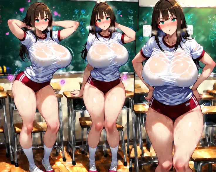 masterpiece,1 Female,Big Breasts,mature, full body shot ,classroom, in front of a blackboard ,ST upright ,sweat,sweaty, Valley,(Big Breasts:1.4), bloomers,gym uniform,スクール bloomersー,#concept#mind control#, distorted#hypnotism#mind control device#hypnotisms...